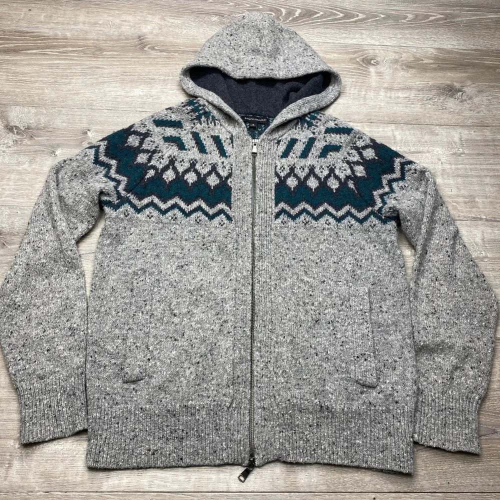 Banana Republic Mens S Gray Wool Blend Fair Isle Full Zip‎ Hoodie Sweater